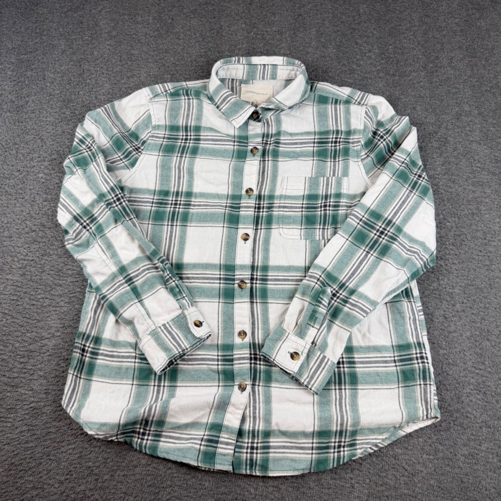 Aeropostale Plaid Button Down Shirt Women's Large Green White Flannel
